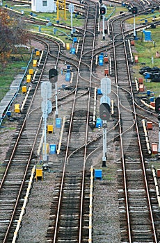 Parallel railway lines with junctions and switches photo