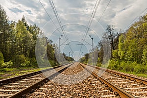Parallel railway tracks and overhead lines photo