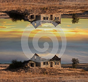 Parallel universe, world. Landscape of abandoned house on at sunset background. Artwork collage concept. photo