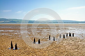 Parallel wooden posts in Morecambe Bay