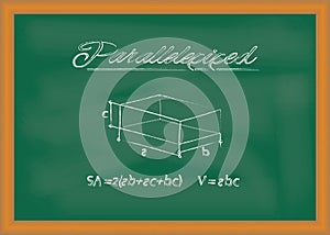 Parallelepiped. Sketch of geometric figure and formulas for calculating its surface area and volume drawn on chalkboard