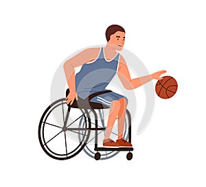 Paralympic athlete playing basketball sitting in wheelchair vector flat illustration. Disabled male with paralyzed legs