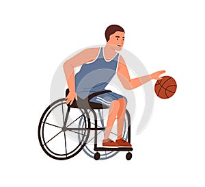 Paralympic athlete playing basketball sitting in wheelchair vector flat illustration. Disabled male with paralyzed legs photo