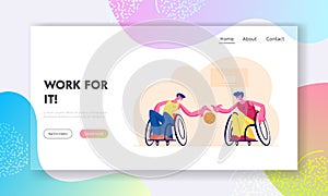 Paralympic Athletes Training Website Landing Page. Disabled Paralyzed Men Playing Basketball Sitting on Wheelchairs