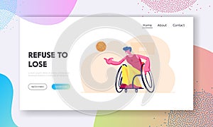 Paralympic Competition, Wheelchair Basketball Website Landing Page. Disabled Sportsman Playing with Ball