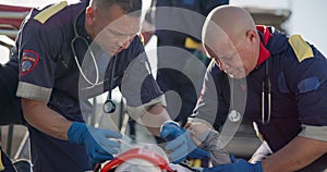 Paramedic, accident victim and life saving with critical or first aid healthcare, stretcher and medical equipment