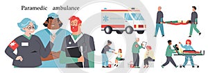 Paramedic ambulance emergency medical set, flat vector illustration isolated.