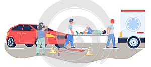 Paramedic emergency medical team rescuing injured patient hit by car, vector flat illustration