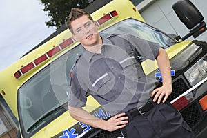 Paramedic employee with ambulance