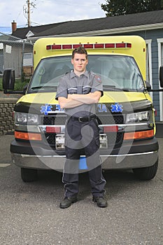 Paramedic employee with ambulance