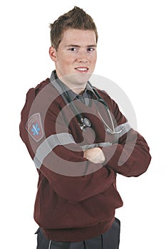 Paramedic employee in the front of a white