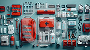 Paramedic equipment is neatly arranged in a minimalist background