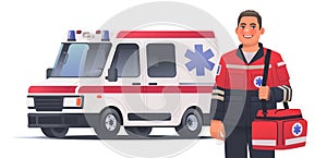 Paramedic man with a first aid bag on the background of an ambulance. Emergency medical service worker