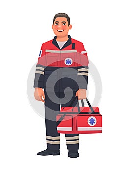 Paramedic man in uniform and with full length first aid bag on isolated white background. Emergency medical service worker