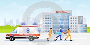 Paramedic and nurce carrying patient in stretcher from ambulance car. Vector illustration. Emergency medicine concept