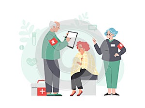 Paramedic provides ambulance to a patient, vector flat illustration on a white background.