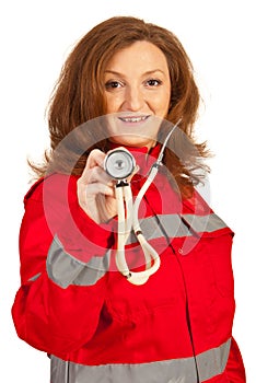 Paramedic woman showing stethoscope