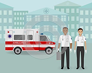 Paramedics ambulance team and ambulance car on cityscape background. Emergency medical serviice employee.