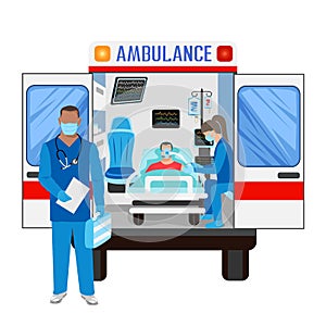 Paramedics assist a patient in an ambulance