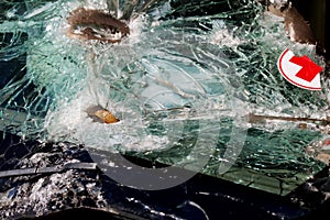 Paramedics car . Broken glass in a medic`s car that transports the wounded. The texture of broken glass.