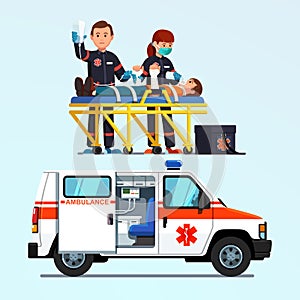 Paramedics emergency rescue team giving first aid