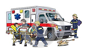 Paramedics take the patient to the ambulance