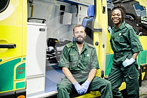 Paramedics team with an ambulance