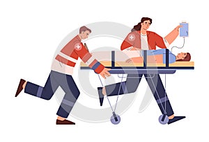 Paramedics team rushing with patient on stretcher, flat vector illustration isolated on white background.