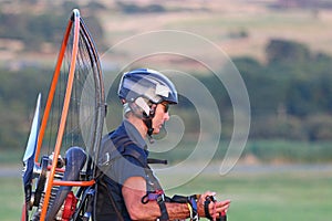 Paramotor pilot preparing to fly