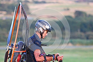 Paramotor pilot preparing to fly