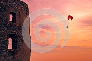 Paramotoring on evening sky