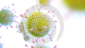 Paramyxovirus mumps, COVID pandemic, Close-up of virus under microscope. Realistic high quality medical 3d animation.