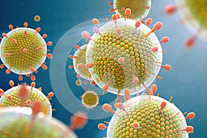 Paramyxovirus mumps , COVID pandemic, Close-up of virus under microscope. Realistic high quality medical 3d render.