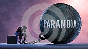 Paranoia and an alienated suffering human. A metaphor showing Paranoia as a huge prisoner's ball bringing pain and keepi