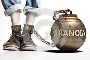 Paranoia can be a big weight and a burden with negative influence - Paranoia role and impact symbolized by a heavy prisoner`s