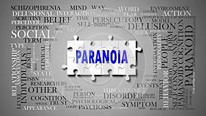 Paranoia - a complex subject, related to many concepts. Pictured as a puzzle and a word cloud made of most important ideas and photo