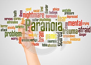 Paranoia word cloud and hand with marker concept