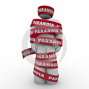 Paranoia Word Man Wrapped Tape Anxious Stress Worry photo