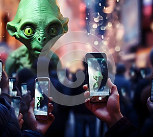 Paranormal green alien visitant posing for people with smartphones