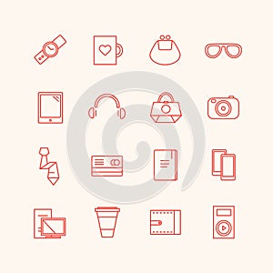 Paraphernalia vector icons set. Business, personal