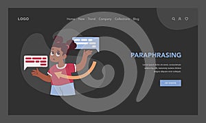 Paraphrasing concept. Young girl compares two messages, showcasing