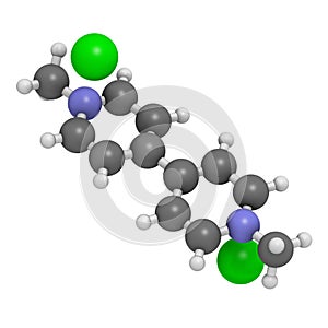 Paraquat herbicide molecule 3D rendering. Atoms are represented as spheres with conventional color coding: hydrogen (white),