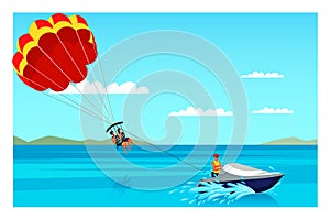 Parasailing illustration. Unforgettable experience. Sea resort and beach activities vector layout. Active and adventure