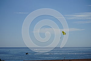 Parasailing in the Mediterranean. Parasailing is a recreational kiting. Kolympia, Rhodes, Greece
