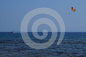 Parasailing on the Mediterranean Sea. Rhodes Island, Greece