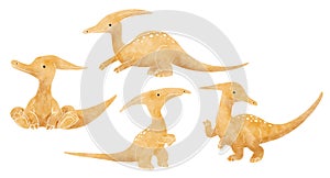 Parasaurolophus . Cute dinosaur cartoon characters . Watercolor paint design . Set 26 of 27 . Illustration photo