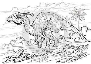 Parasaurolophus. Dinosaur coloring page for children and adults, hand drawn illustration. A4 size. Design for wallpapers