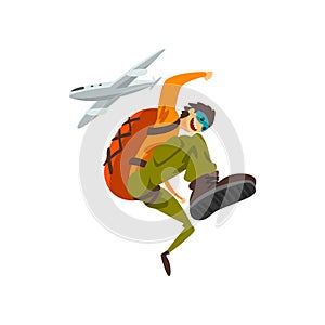 Paraschutist jumping out of an airplane, skydiving, parachuting extreme sport vector Illustration on a white background