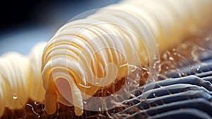 Parasitic worm, beef tapeworm, cestode close up. Macro image of a helminth. Concept of parasitology, medical study, and
