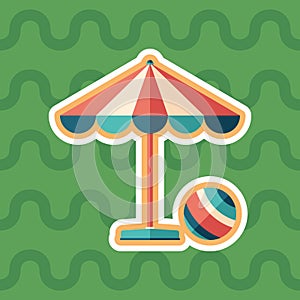 Parasol and ball sticker flat icon with color background.
